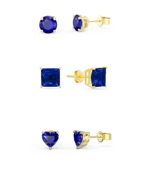 Paris Jewelry 18k Yellow Gold 4Cttw Created Blue Sapphire 3 Pair Round, Square And Heart Stud Earrings Plated