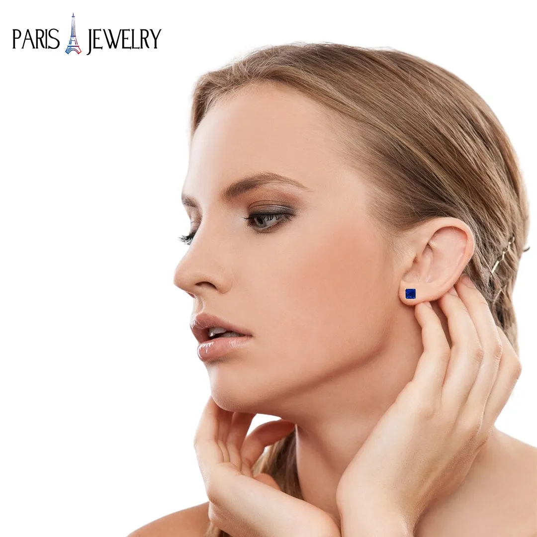 Paris Jewelry 18k Yellow Gold 4Cttw Created Blue Sapphire 3 Pair Round, Square And Heart Stud Earrings Plated