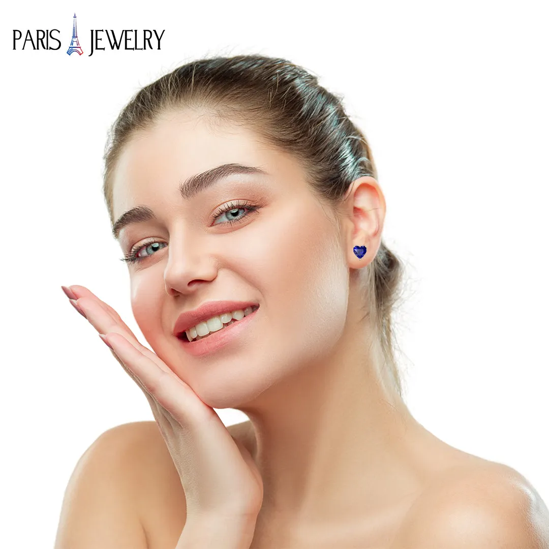 Paris Jewelry 18k Yellow Gold 4Cttw Created Blue Sapphire 3 Pair Round, Square And Heart Stud Earrings Plated