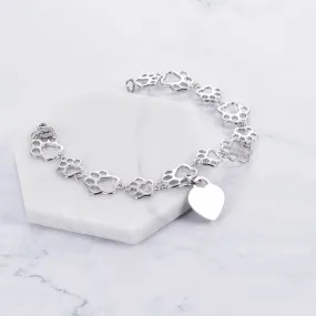 Pet Paw Bracelet with Heart Sterling Silver, Engraveable