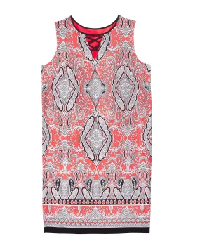 Petail Lattice Detail Sleeveless Dress | Coral / Navy