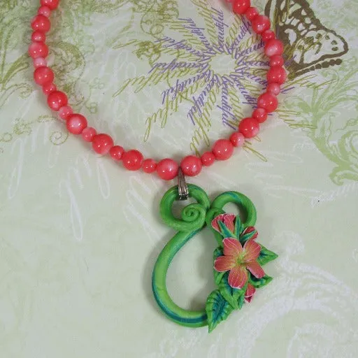 Pink Bead Necklace with Tropical Handmade Pendant