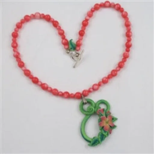 Pink Bead Necklace with Tropical Handmade Pendant