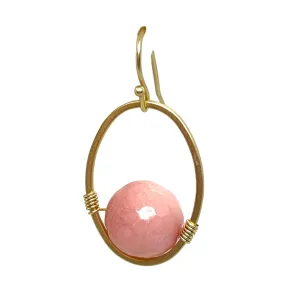 Pink Coral Jade And Matte Gold Wire Wrap Oval Earrings