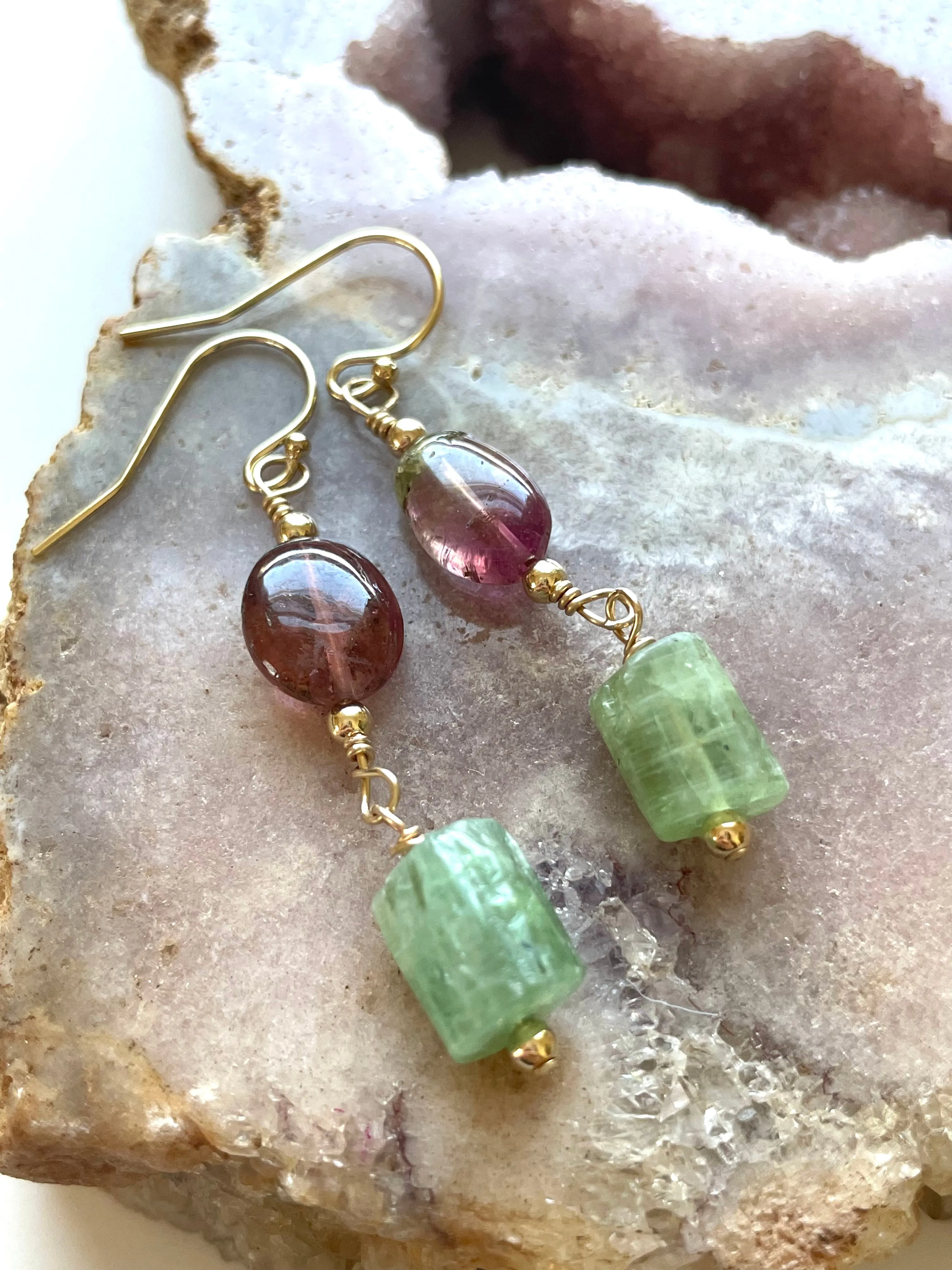 Pink Tourmaline and Green Kyanite Crystal Earrings on Gold Filled