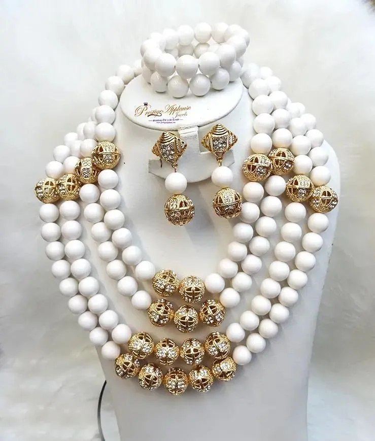 PrestigeApplause White Coral African Traditional Wedding Beads Jewelry Set 4 Layers 18mm Coral Bead with Gold Balls