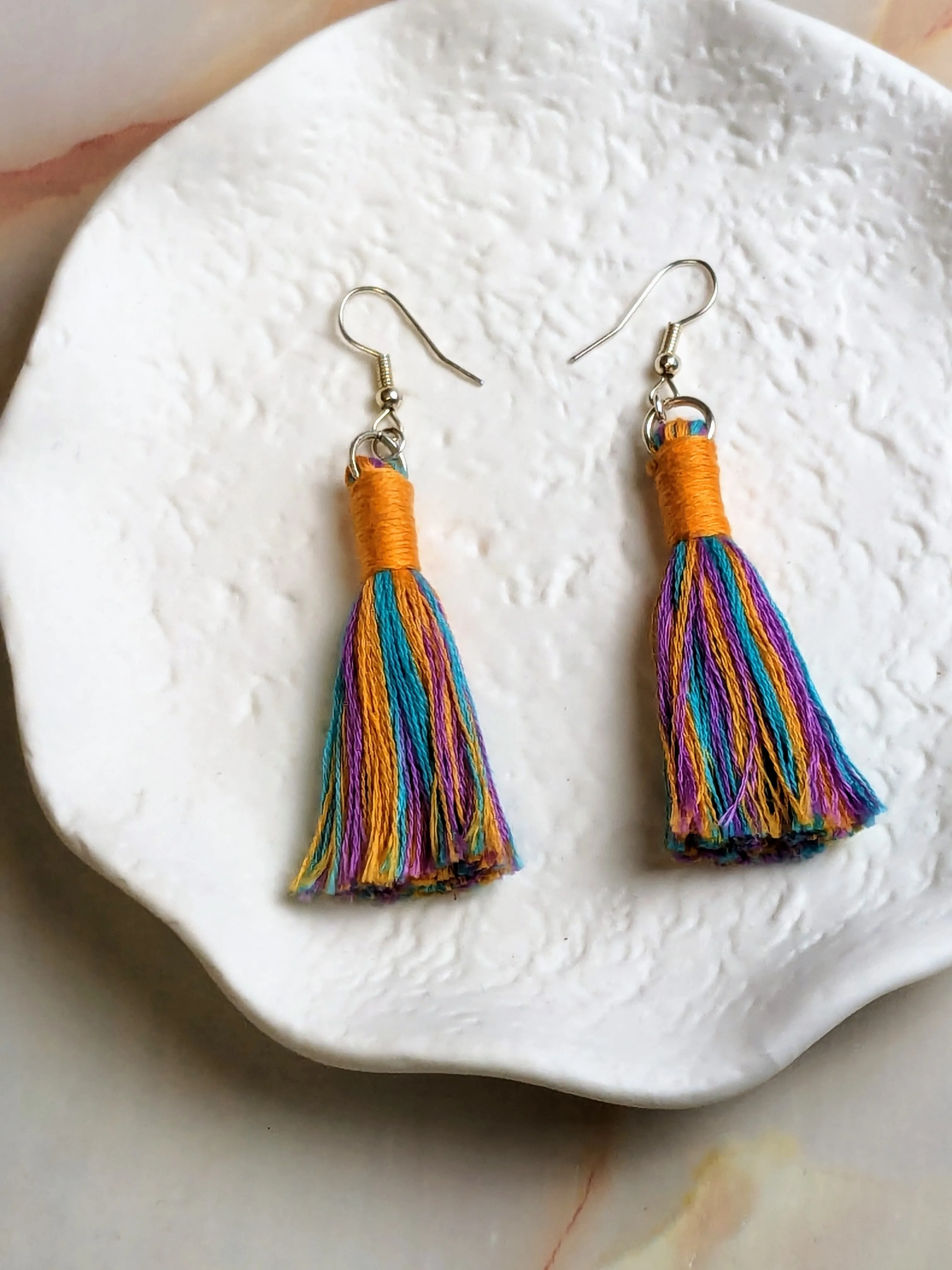 "Fallon Mini" Coral, Purple & Aqua Mini Boho Tassel Earrings