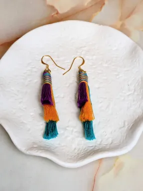 "Lola Purple, Coral & Aqua 3 tier with 3 colour wrap tassel earrings