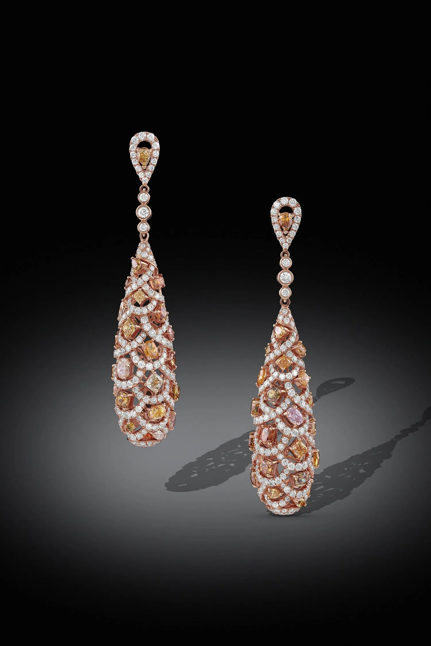 "Odelia"18k Rose Gold Multicolor Diamond Tear Drop Earrings