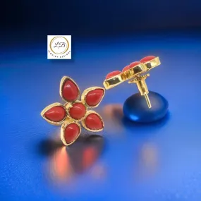 Red Coral Gemstone Flower Earrings 1”