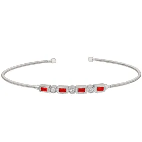 Rhodium Finish Sterling Silver Cable Cuff Bracelet with Simulated Ruby and Simulated Diamonds