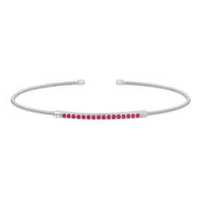 Rhodium Finish Sterling Silver Cable Cuff Bracelet with Simulated Ruby Birth Gems - July