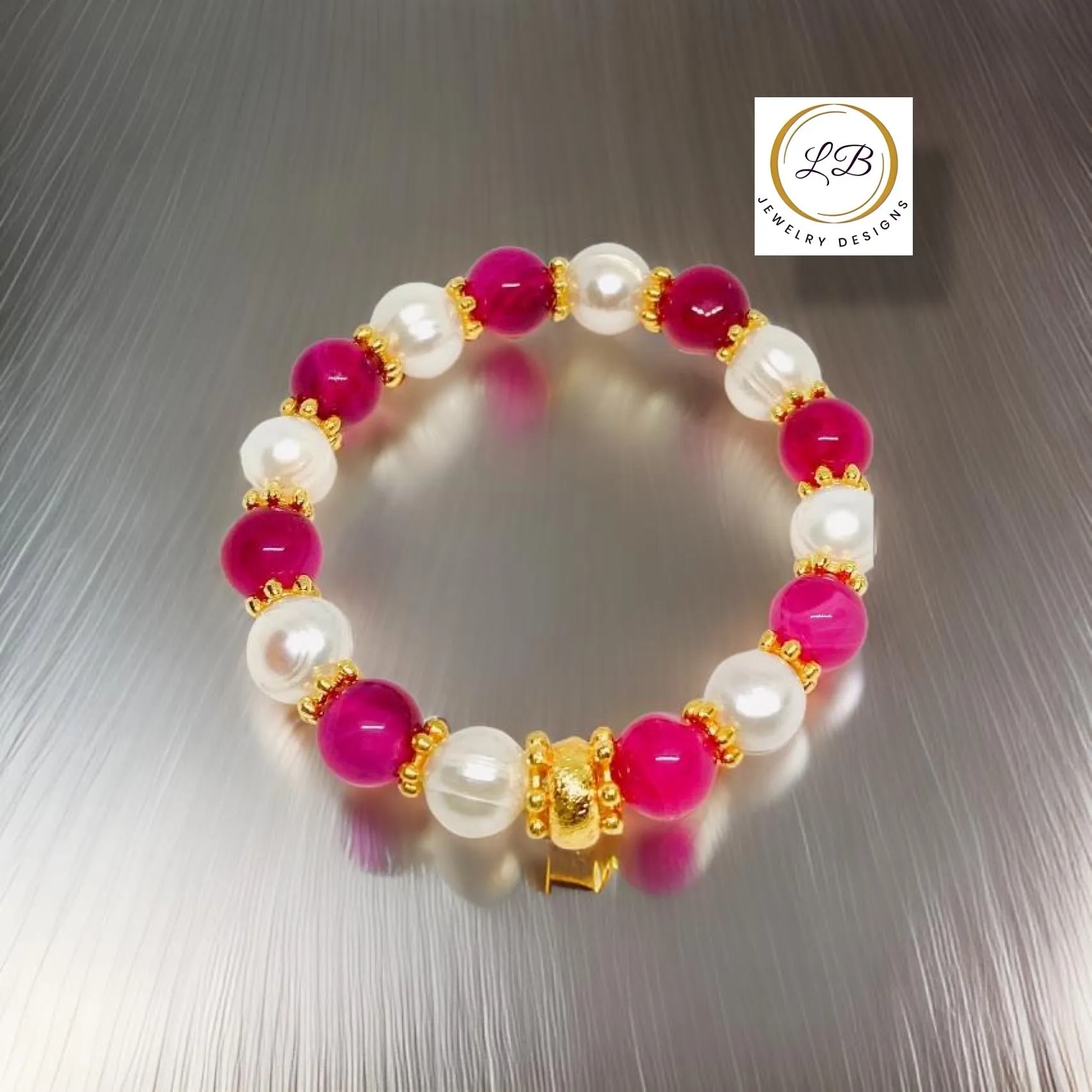 Rose Ruby Quartz & Baroque Pearl Gemstone Gold Beaded Bracelet