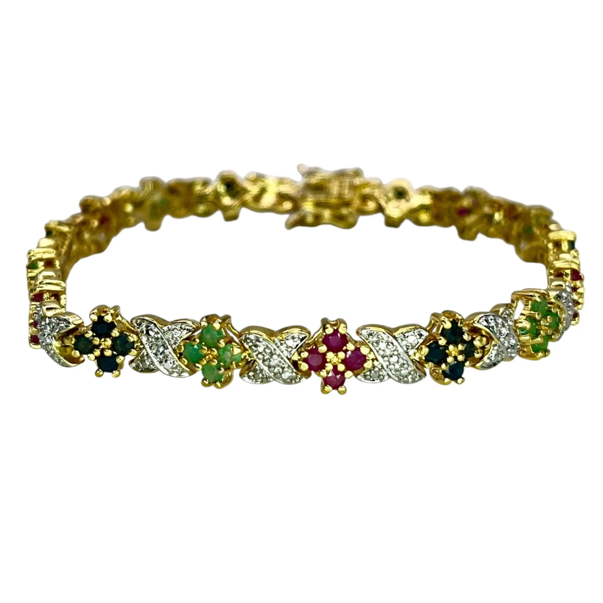 Ross Simons 925 Silver Gold Vermeil Ruby Sapphire Emerald Floral Tennis Bracelet