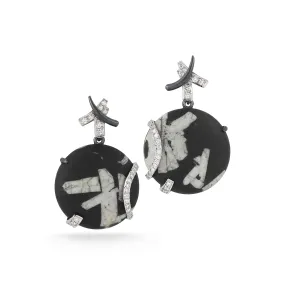 Round Chinese Writing Stone and Diamond Earrings 