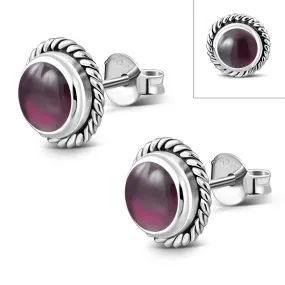 Round Garnet Stone Stud Silver Earrings