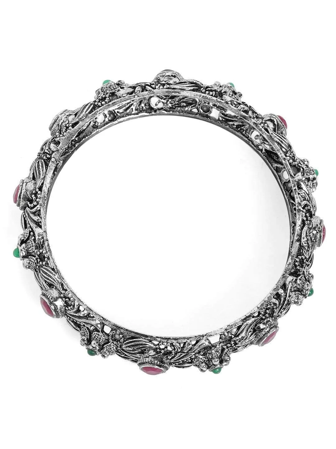 Rubans Set Of 2 Oxidised Silver-Toned  Pink Ruby-Studded Traditional Bangles