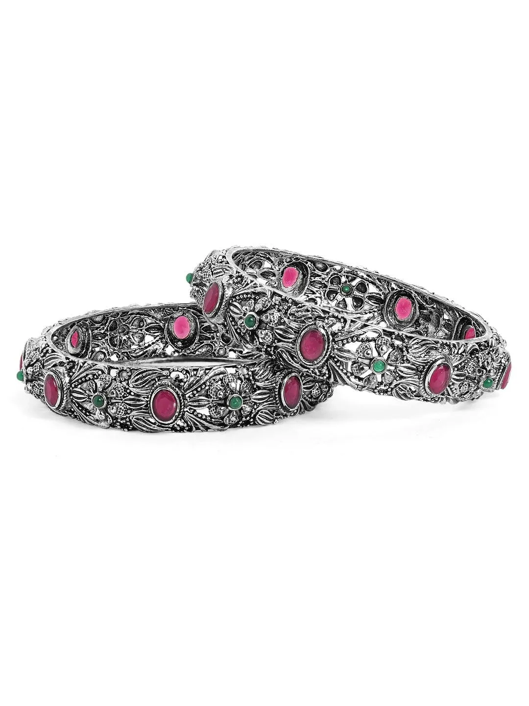 Rubans Set Of 2 Oxidised Silver-Toned  Pink Ruby-Studded Traditional Bangles