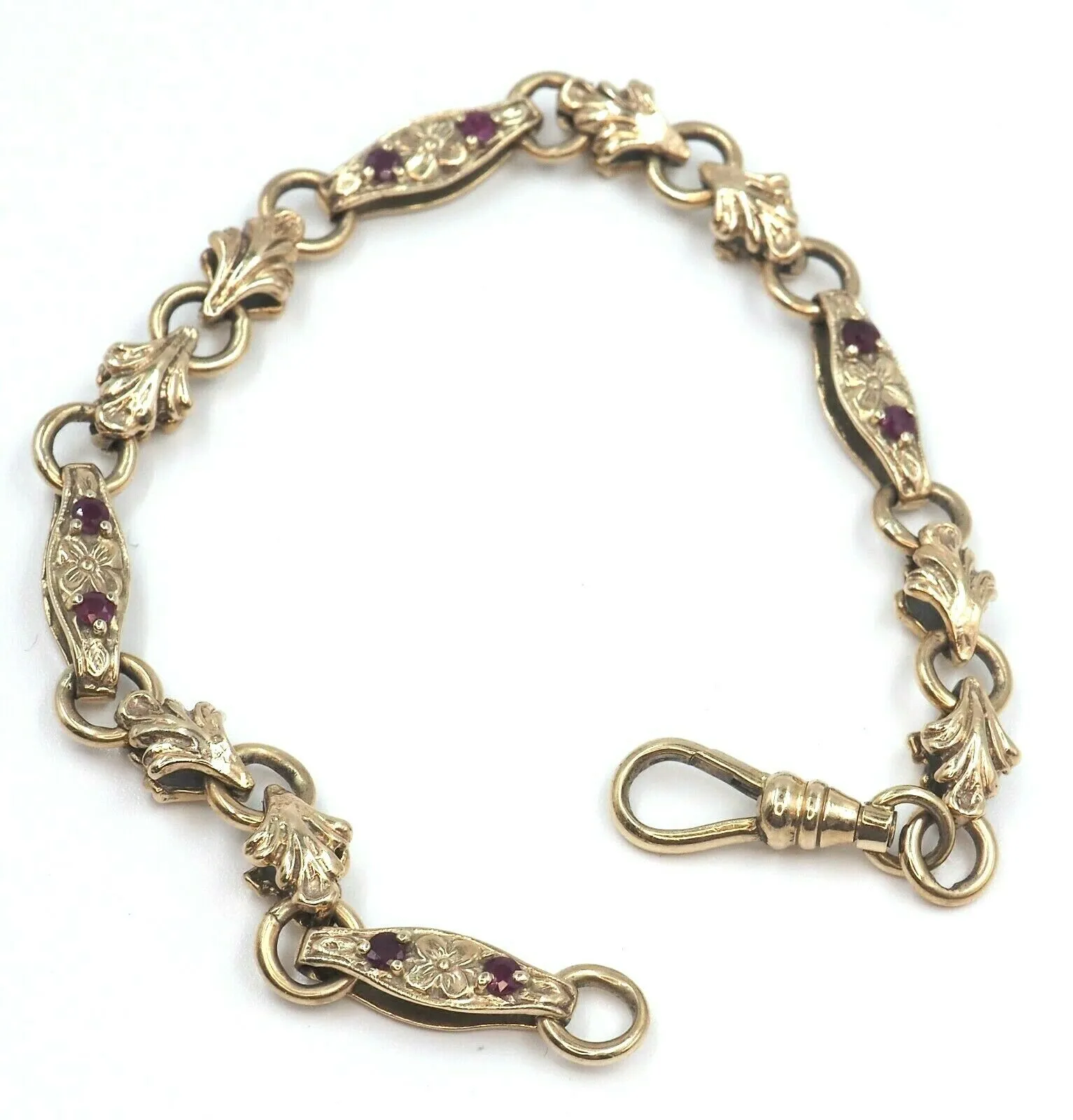 Ruby 9ct Yellow Gold Bracelet with Fleur de lis & Flower Patterned Links