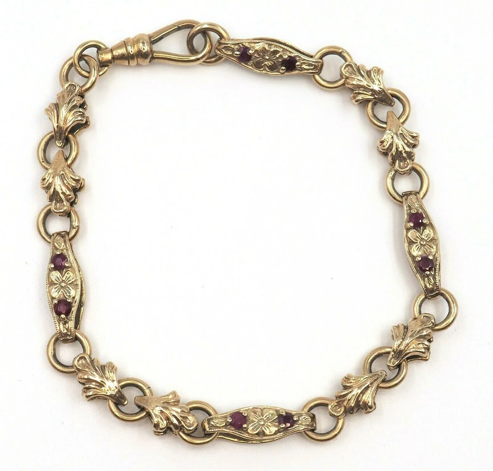 Ruby 9ct Yellow Gold Bracelet with Fleur de lis & Flower Patterned Links