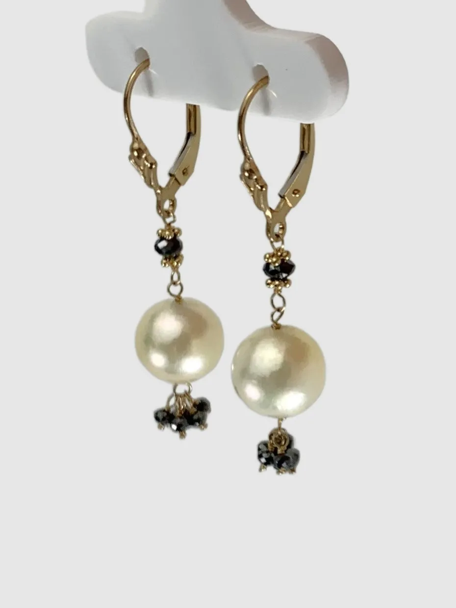 SALE - Pearl and Black Diamond Tassel Drop Earrings in 14KY - EAR-024-TSPRLDIA14Y-WHBLK 1.10ctw