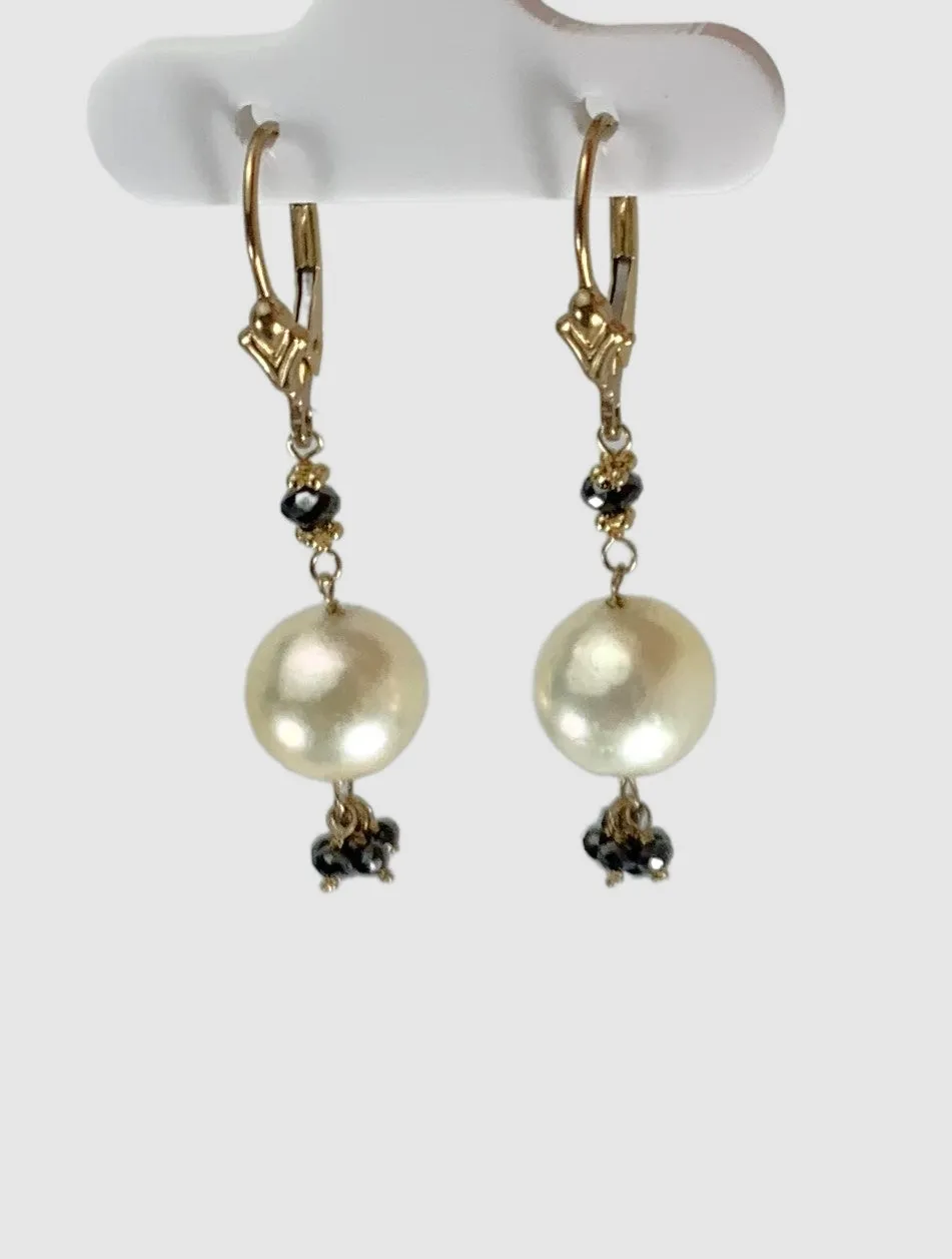 SALE - Pearl and Black Diamond Tassel Drop Earrings in 14KY - EAR-024-TSPRLDIA14Y-WHBLK 1.10ctw