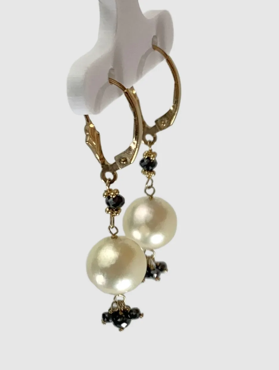 SALE - Pearl and Black Diamond Tassel Drop Earrings in 14KY - EAR-024-TSPRLDIA14Y-WHBLK 1.10ctw