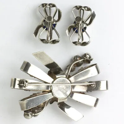 Sapphire & Sterling Bow Brooch & Earrings Set by Hobé