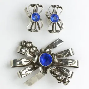 Sapphire & Sterling Bow Brooch & Earrings Set by Hobé