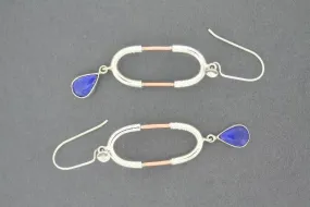 Silver & copper oval earrings with lapis teardrop