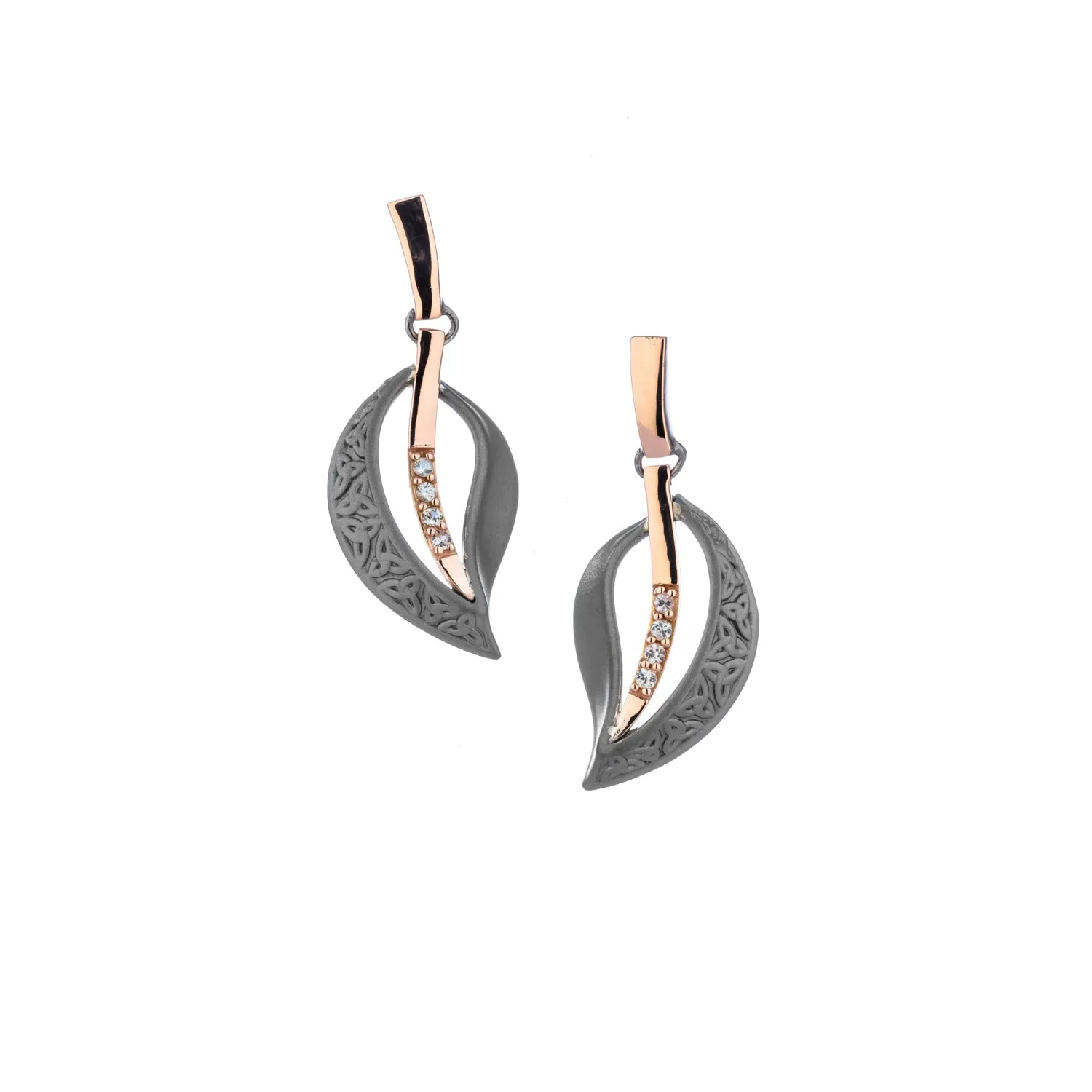 Silver and 10k Rose Gold and Sapphire Leaf Hook Earrings - Oxidized Silver or Darkened Silver