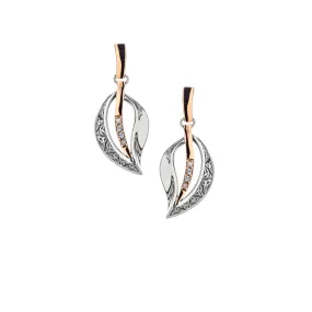 Silver and 10k Rose Gold and Sapphire Leaf Hook Earrings - Oxidized Silver or Darkened Silver