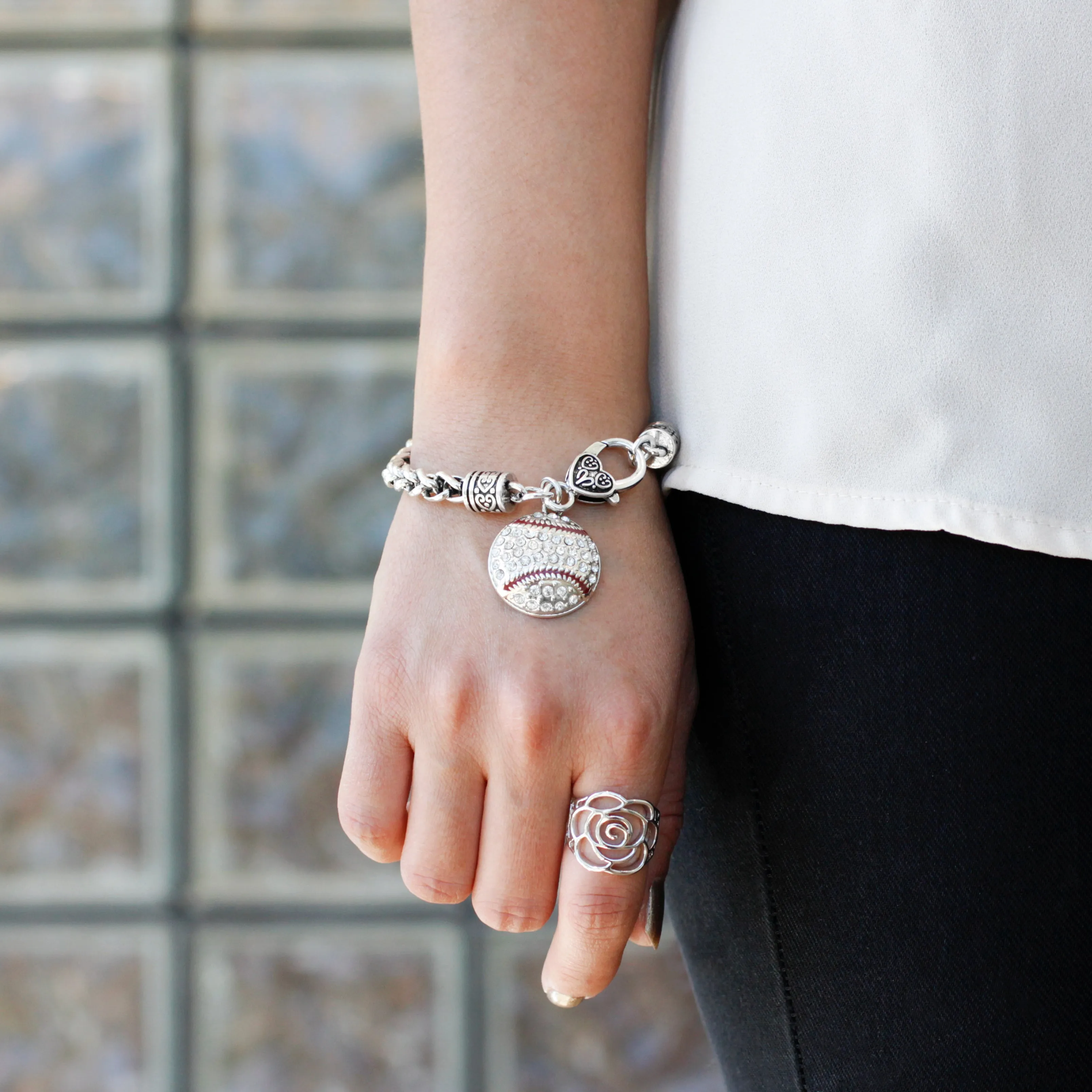 Silver Baseball Charm Braided Bracelet