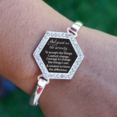 Silver Serenity Prayer Hexagon Charm Bangle Bracelet