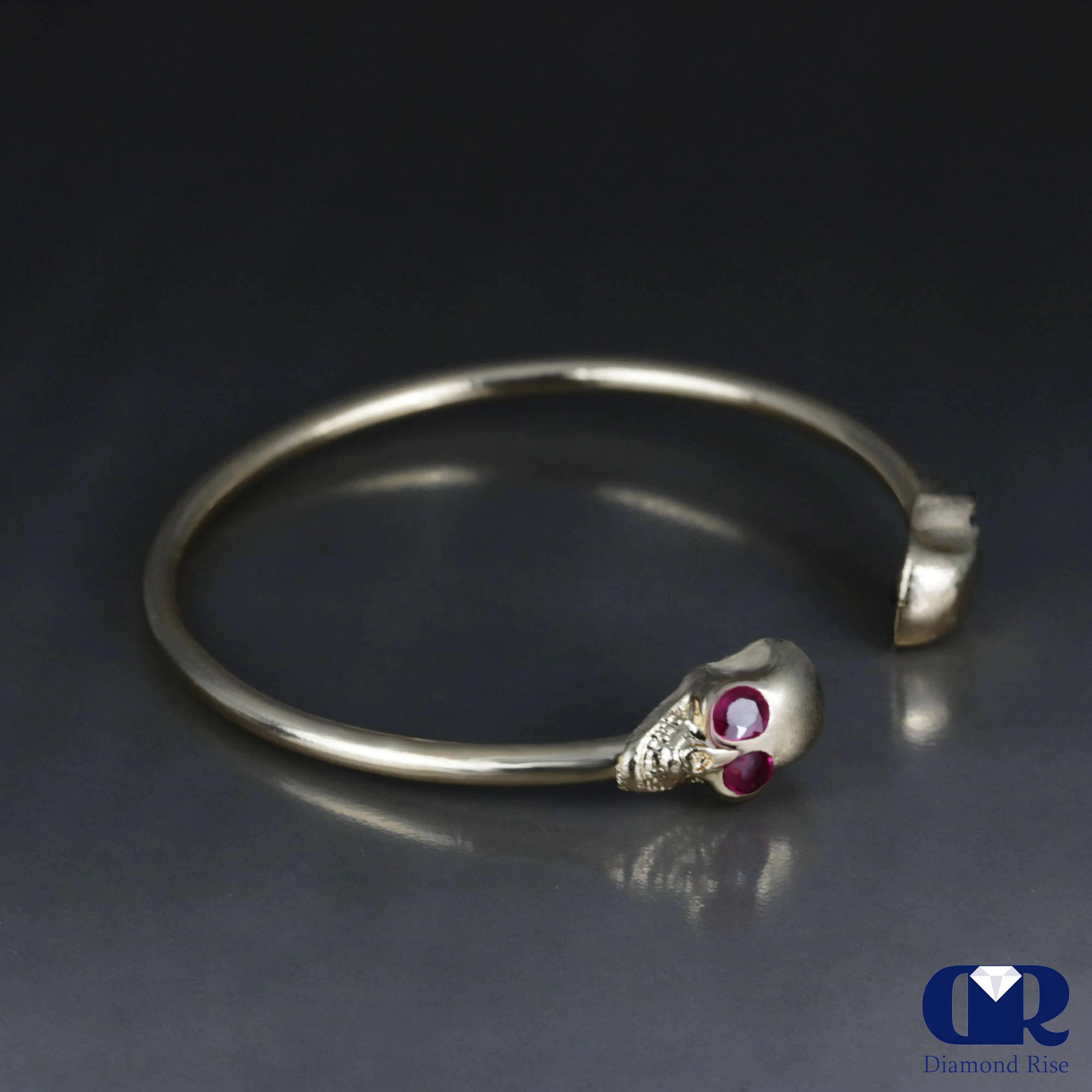 Skull Design Cuff Bangle Bracelet With Natural Ruby & Sapphire In 10K Solid Gold