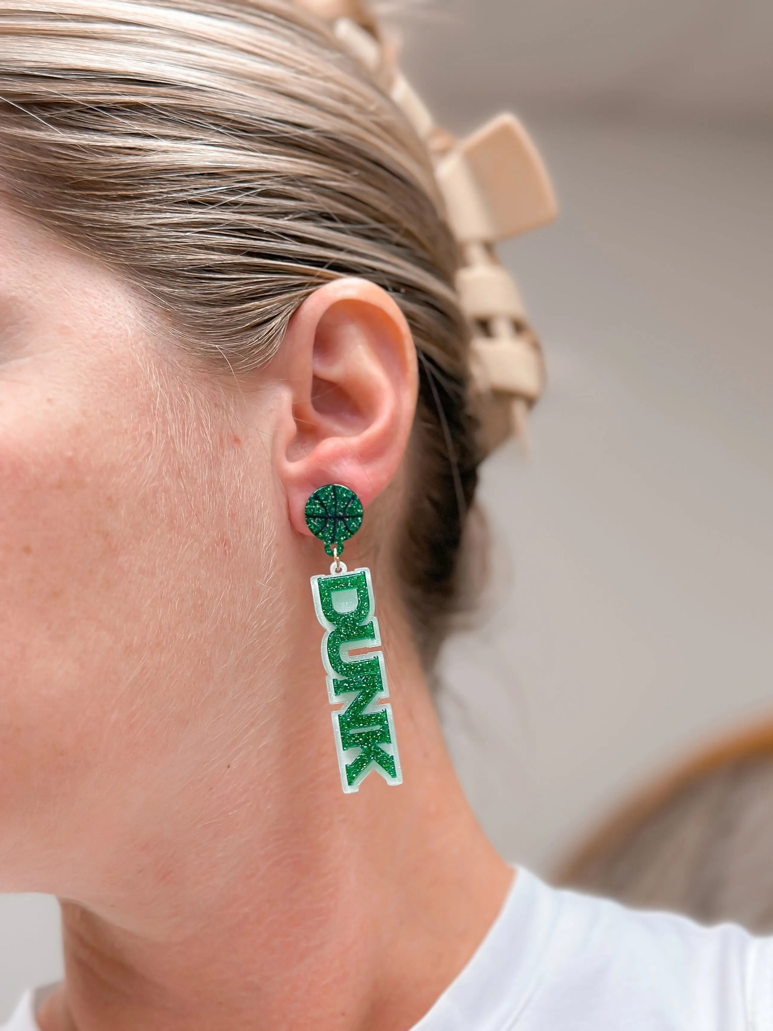 'Slam Dunk' Statement Dangle Earrings - Green & White Glitter