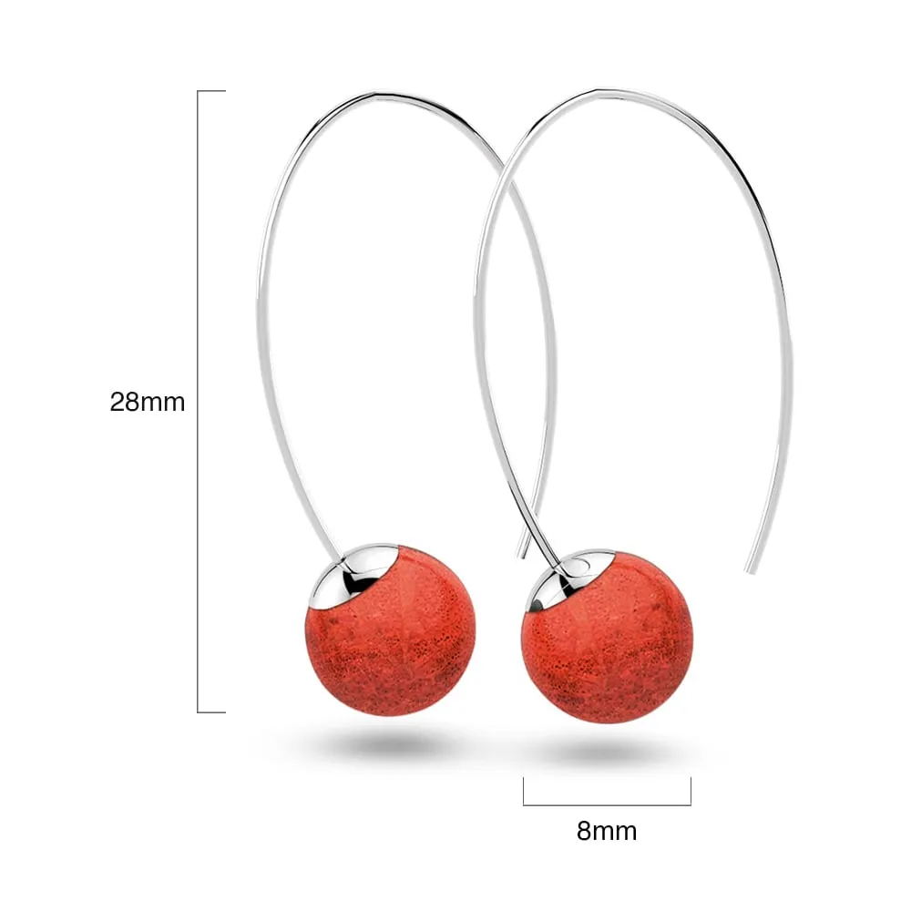 Solid 925 Sterling Silver Round Red Coral Dangle Earrings