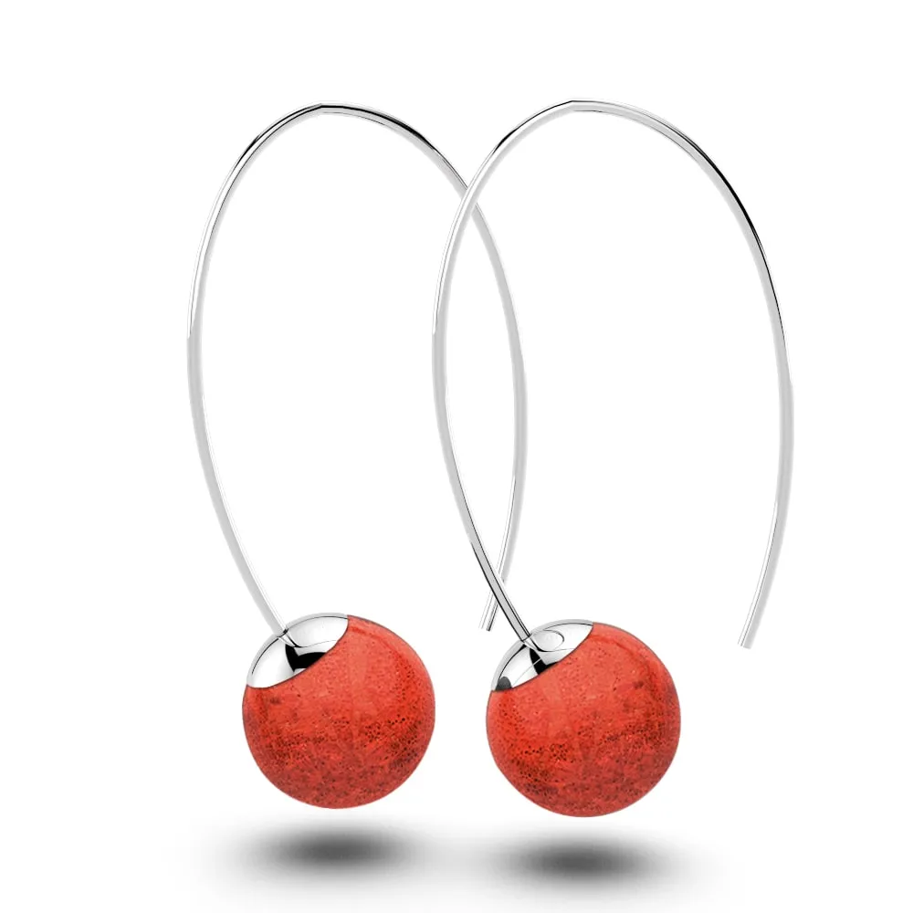 Solid 925 Sterling Silver Round Red Coral Dangle Earrings