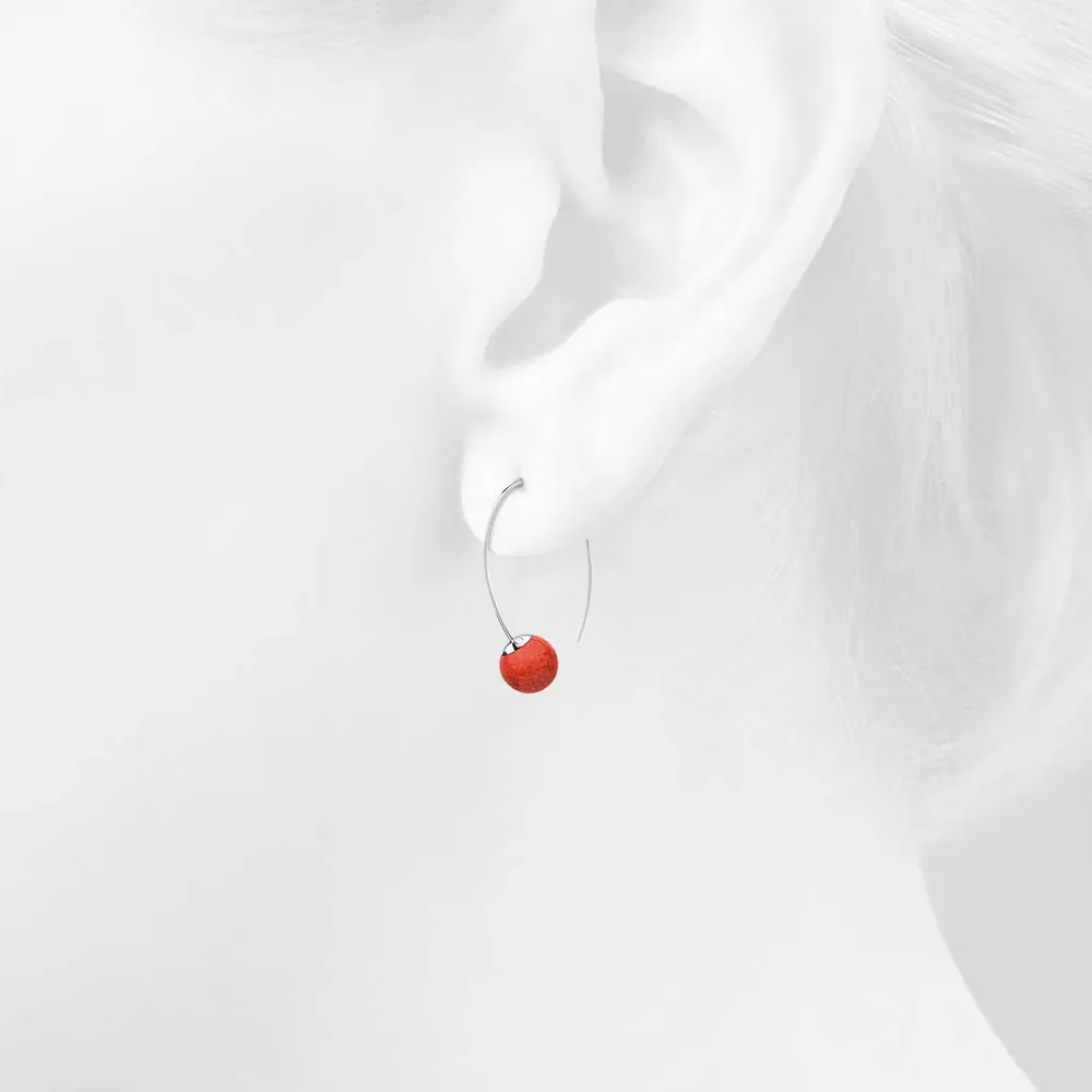 Solid 925 Sterling Silver Round Red Coral Dangle Earrings