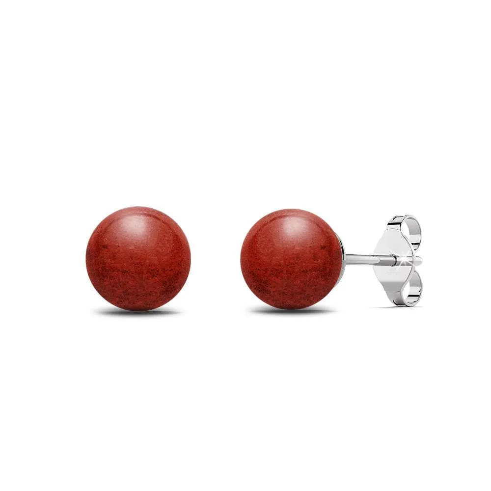 Solid 925 Sterling Silver Sphere Red Coral Stud Earrings