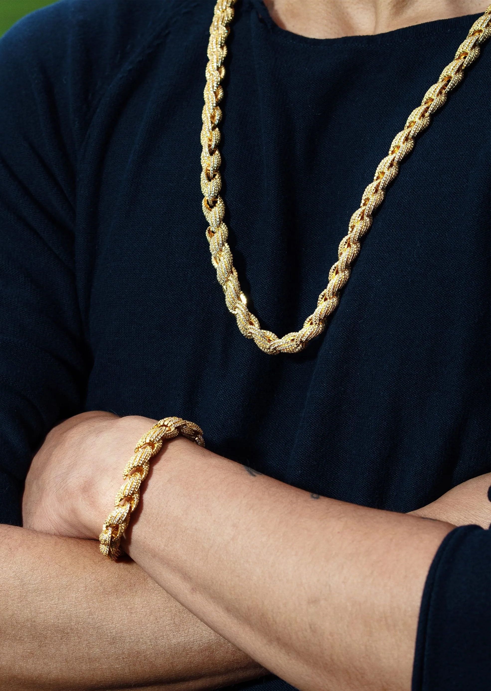 Solid Gold Plated Iced Out Rope Chain & Bracelet ( 10 Mm )