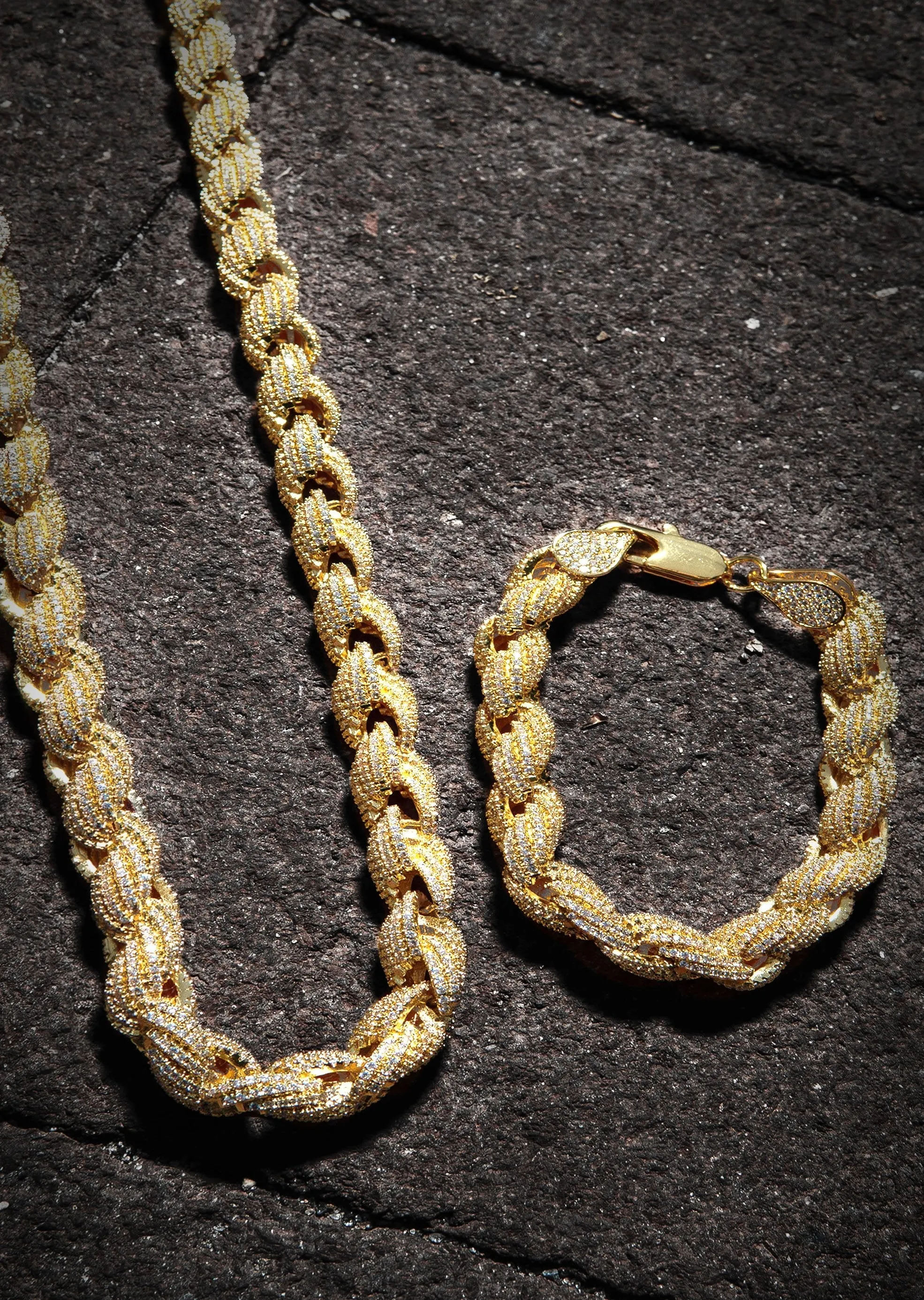 Solid Gold Plated Iced Out Rope Chain & Bracelet ( 10 Mm )