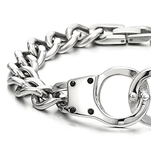 Stainless Steel Mens Womens Handcuff Curb Chain Bangle Bracelet, Silver Color Polished