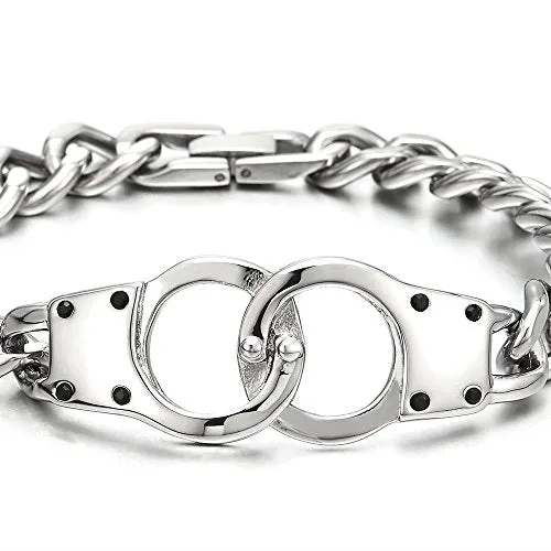 Stainless Steel Mens Womens Handcuff Curb Chain Bangle Bracelet, Silver Color Polished