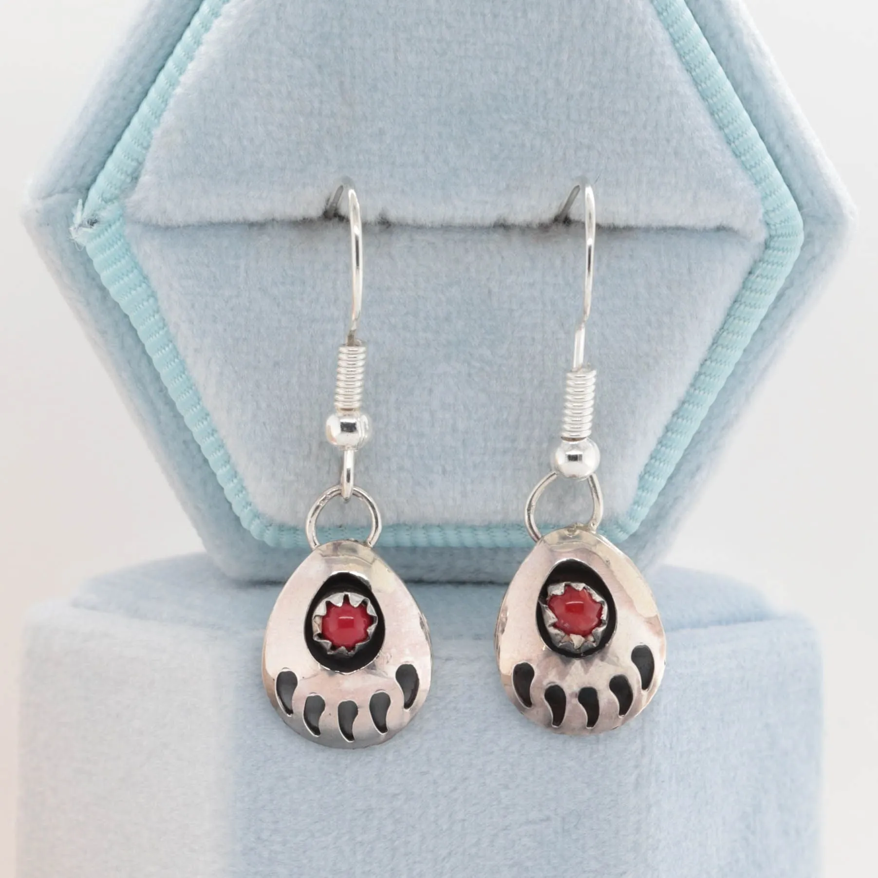 Sterling   Coral Bear Paw Earrings