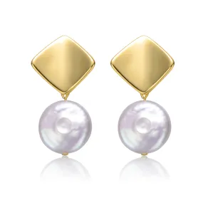 Sterling Silver 14k Yellow Gold Plated with White Coin Pearl Double Dangle Square Earrings