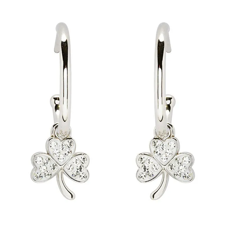 Sterling Silver Crystal Shamrock Hoop Earrings