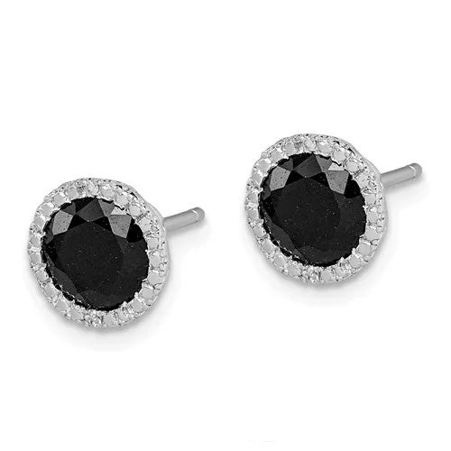 Sterling Silver Genuine 8mm Round Black Sapphire & Diamond Post Earrings