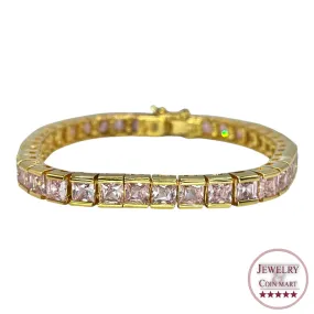 Sterling Silver Gold Vermeil Pink Ice Cubic Zirconia Princess Tennis Bracelet