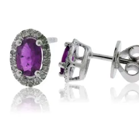 Sterling Silver Oval Pink Sapphire with Diamond Halo Stud Earrings